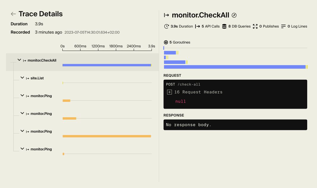 Distributed trace showing event flow across services