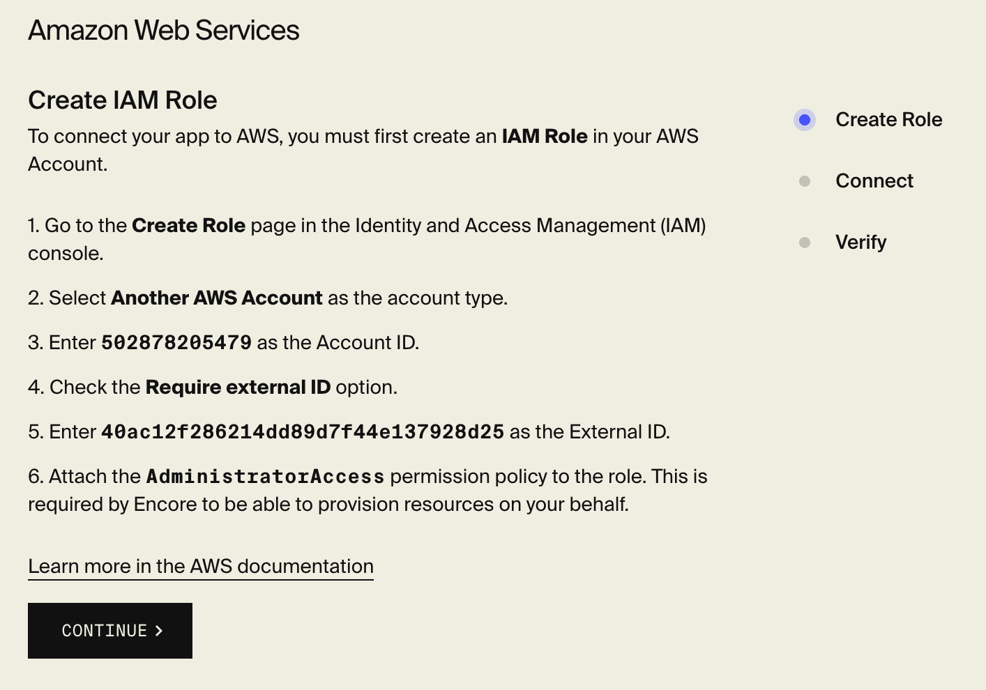 Connecting your AWS account in the Encore Cloud dashboard